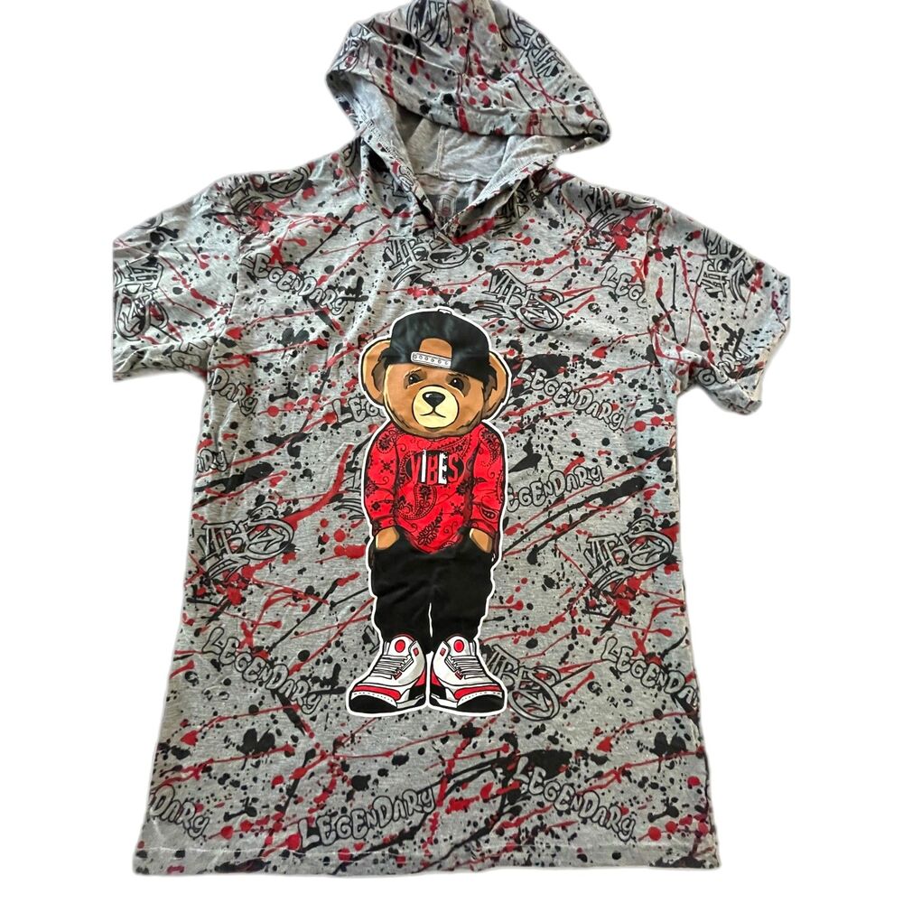 Mens Y2K Legend Short Sleeve hoodie Graphic Paint Splatter Multi Color Bear Sz L